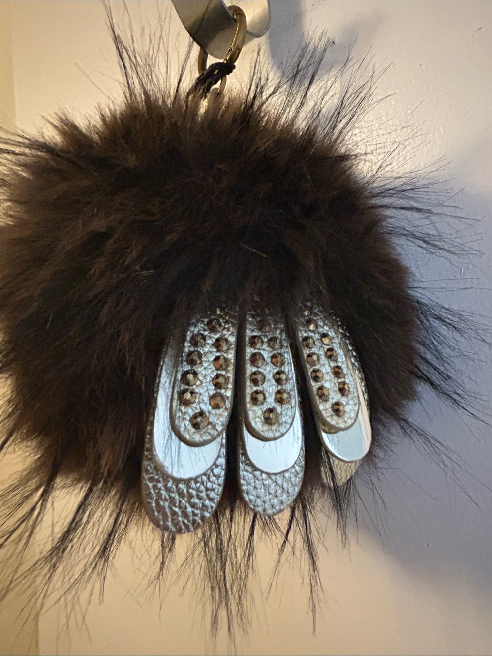 Kurt Geiger Brown Furry Pom-Pom Keychain with Gold-Tone Crystal Accents - Picture 8 of 12
